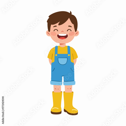 Cartoon Smiling Little Boy Wearing Overalls and Boots Illustration