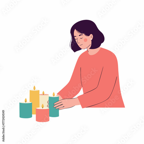 Flat Illustration Sad Woman Lighting Candles for Memorial Event