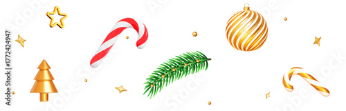3d set golden Christmas decorations. Christmas tree, Christmas tree branch, candy, ball,stars. Stock vector illustration on isolated background.