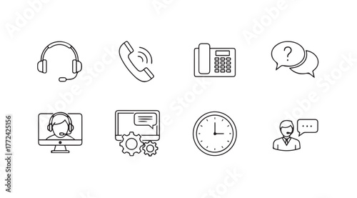 Customer service icons featuring headphones computer phone clock and support chat bubbles vector