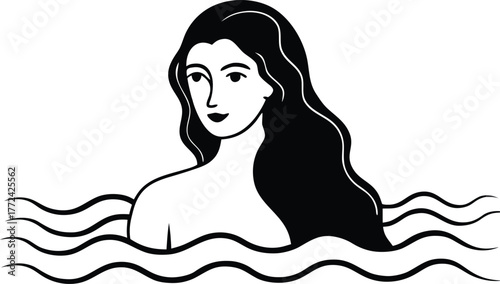 a beautiful woman with long flowing hair swimming in serene water line art illustration