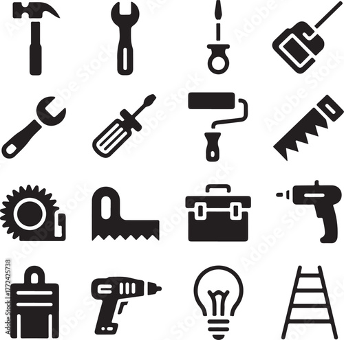 Collection of diy tools icons for home improvement projects and construction work