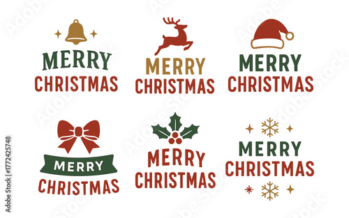 Festive merry christmas icons: bell, reindeer, holly, and snowflakes