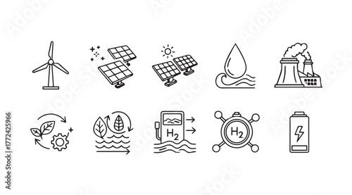 Collection of renewable energy and sustainability icons featuring wind solar hydro nuclear and battery power vector