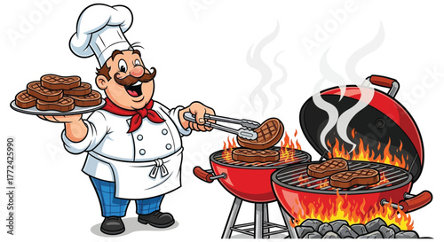 A cheerful chef with a mustache grills juicy steaks on a fiery barbecue while holding a platter of freshly cooked burgers.