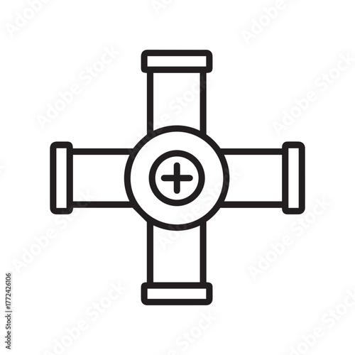 Plumbing pipe cross junction with plus symbol inside circle