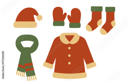 Cozy christmas clothing set with santa hat and mittens in flat design