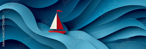 A minimalist 3D rendering. Close-up of a red and white paper sailboat sailing on wavy blue paper waves. Symbolizing freedom, travel, and ocean adventure. Generative Ai.