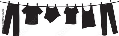 Clothesline silhouette with hanging clothes, laundry drying on rope silhouette vector