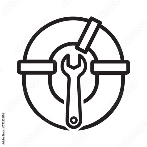 Mechanical chuck icon, simple line art illustration of a lathe chuck with a wrench