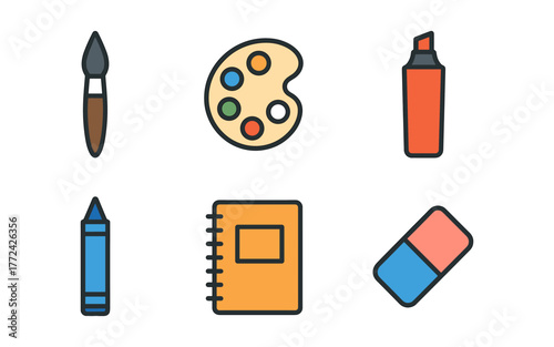 Art and craft supplies icons with brush, palette, and notebook in flat style