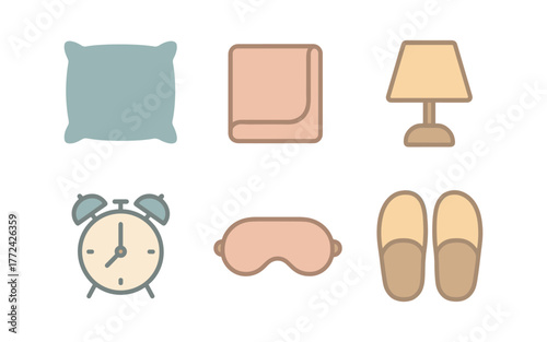 Cozy bedtime essentials set in pastel and minimalist style