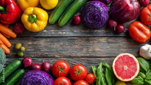 Wallpaper Mural Colorful fresh vegetables are displayed on a rustic wooden table, creating bright frame, perfect for meal prep or healthy cooking ideas Torontodigital.ca