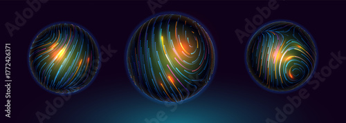 Abstract 3D Spheres of Neon Dots and Stripes. Hi-Tech Orb HUD Design Element. Global Network Connection. Abstract Globe. Science and Technology Vector Illustration.