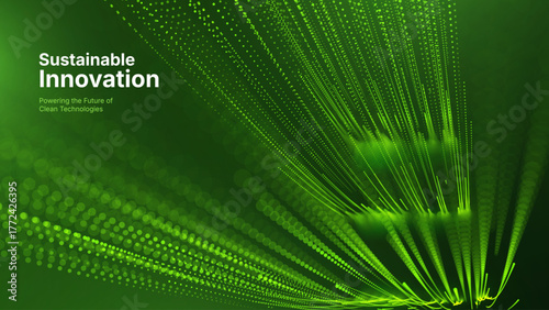 Green Energy Abstract Tech Background with Flowing Dots Futuristic Grid. Sustainable Innovation Eco Clean Energy Technology Concept. Vector Illustration.