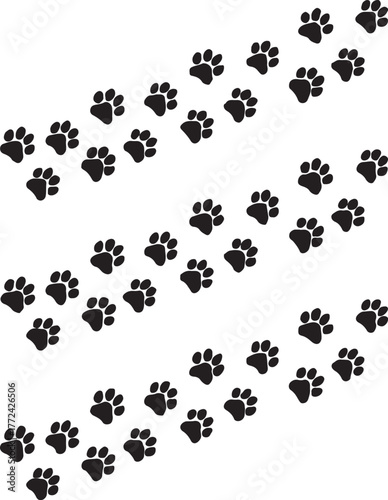Horizontal sari rows Animal Paw Print Trail Silhouette in Diagonal Walking Pattern vector silhouette