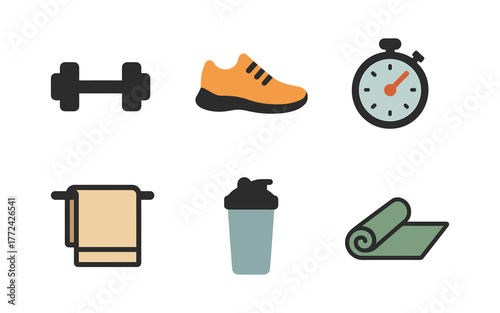 Flat fitness icons: dumbbell, sneakers, stopwatch, towel, shaker, yoga mat