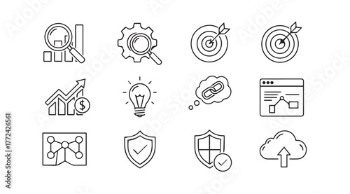 Collection of hand drawn business and technology icons representing growth strategy and data analysis vector