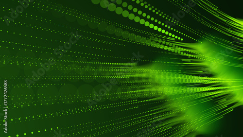 Green Energy Abstract Tech Background with Flowing Dots Futuristic Grid. Sustainable Innovation Eco Clean Energy Technology Concept. Vector Illustration.