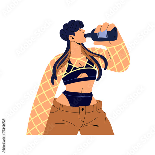 Young woman in fashion clothes drinks alcohol at party. Clubber dances to electronic music in night club. Youth has fun at techno rave concert in nightclub. Flat isolated vector illustration on white