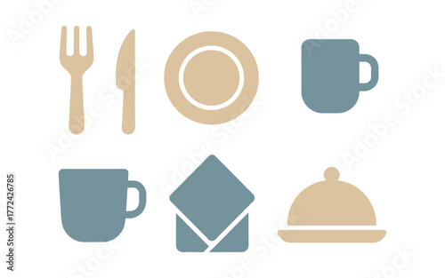 Minimalist kitchenware icons set featuring fork, knife, plate, mug, napkin, and covered dish