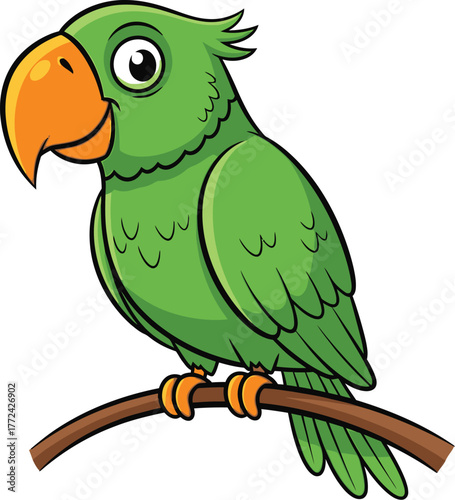 A cheerful cartoon green parrot perches on a branch, looking to the left with an inquisitive expression.