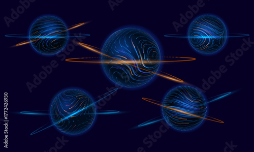 Universe Background. Glowing Planets with Particle Rings and Light Trails Objects. Futuristic Abstract Cosmic Globes Energy Orbs with Orbit Rings. Vector Illustration.