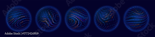 Abstract 3D Spheres of Neon Dots and Stripes. Hi-Tech Orb HUD Design Element. Global Network Connection. Abstract Globe. Science and Technology Vector Illustration.