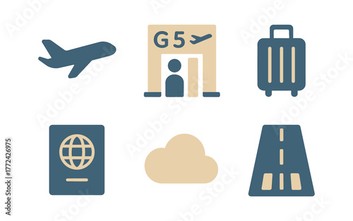 Travel icons set: passport, airplane, luggage, boarding gate, cloud, road