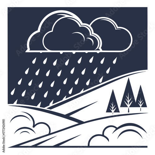 Heavy Rain Clouds with Downpour Over Hilly Landscape Weather Vector Icon
