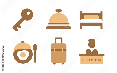 Hotel icons: key, bell, bed, food, luggage, receptionist in flat style