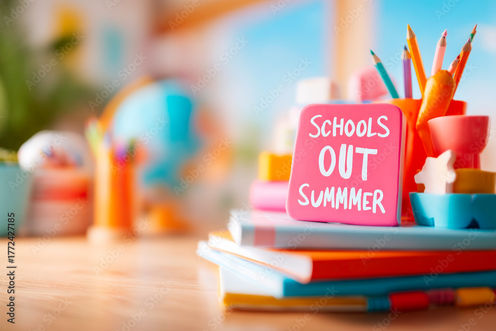 Obraz premium Stack of books holder stationery chalkboard SCHOOLS OUT