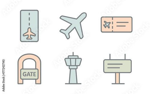 Minimalist air travel icons set featuring airplane, ticket, gate, tower, and sign