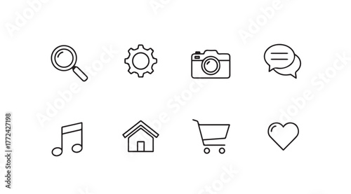 Hand drawn doodle icons set featuring search camera music house shopping cart heart vector