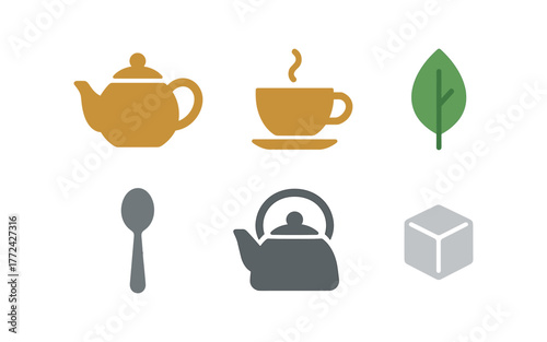 Tea time icons featuring teapots, cup, leaf, spoon, and ice cube in flat style