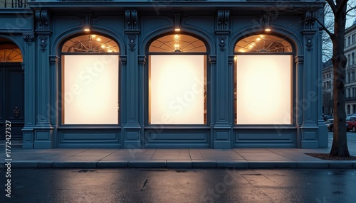 Elegant storefront with three blank illuminated display windows at night. Ornate building facade stands on wet city street. Empty commercial space offers mock up template for ad promotion, marketing,