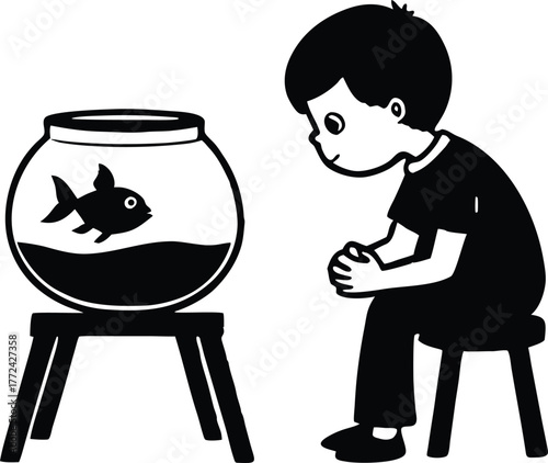 young boy on stool peeking into a fishbowl at a single goldfish on a wooden table silhouette vector