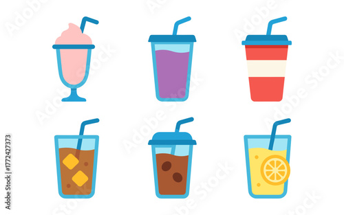 Colorful flat style beverage icons featuring smoothies, milkshakes, and refreshing drinks