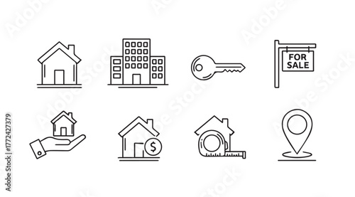 Hand drawn real estate icons representing houses keys property and location for listings vector