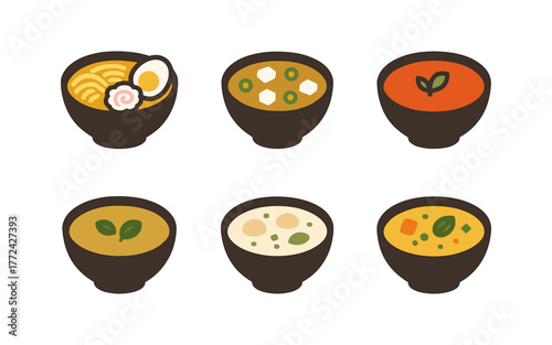 Japanese cuisine icons: ramen and miso soup bowls in flat art style