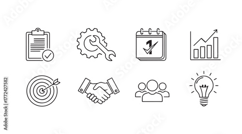 Business icons set doodle style task management strategy teamwork idea generation and growth vector