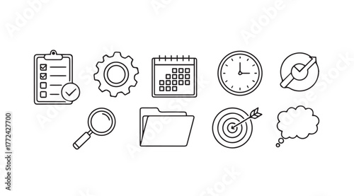 Hand drawn business icons representing planning organization time management goals and ideas for success vector