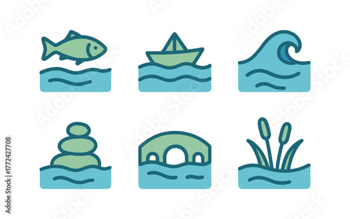 Minimalist nautical icons set featuring marine life and water elements