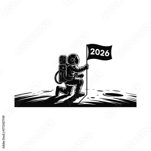 Black and white illustration of an astronaut planting a flag with the year 2026 on a cratered surface