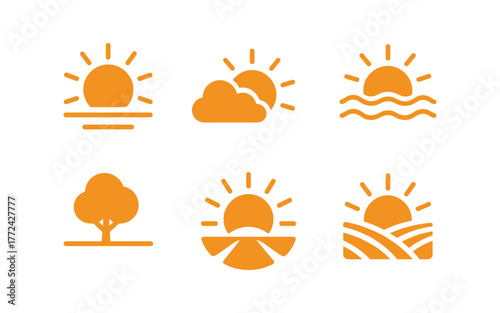 Minimalist sunrise and nature icons set in flat style