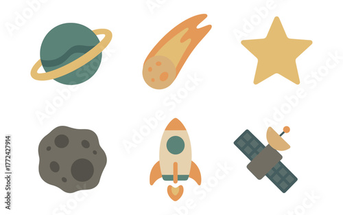 Space elements collection: rocket, satellite, planet, star, meteor and asteroid icons