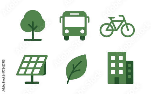 Eco-friendly icons set featuring transportation, renewable energy, and sustainable living symbols
