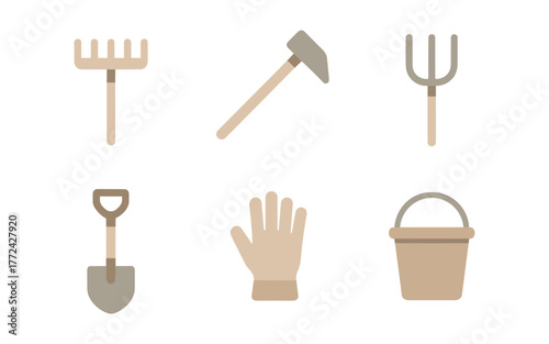 Minimalist gardening tools icons set in soft pastel palette for digital projects