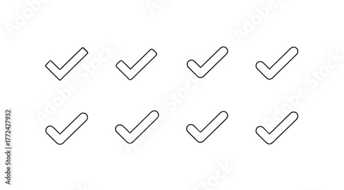 Eight hand drawn check mark symbols representing approval or completion in a row vector