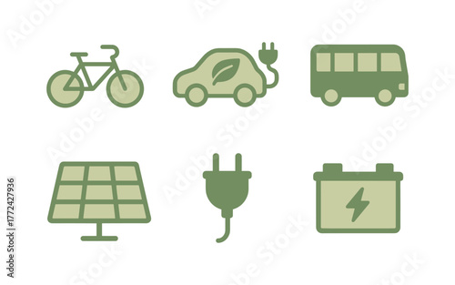 Eco-friendly transportation and energy icons in minimal green design